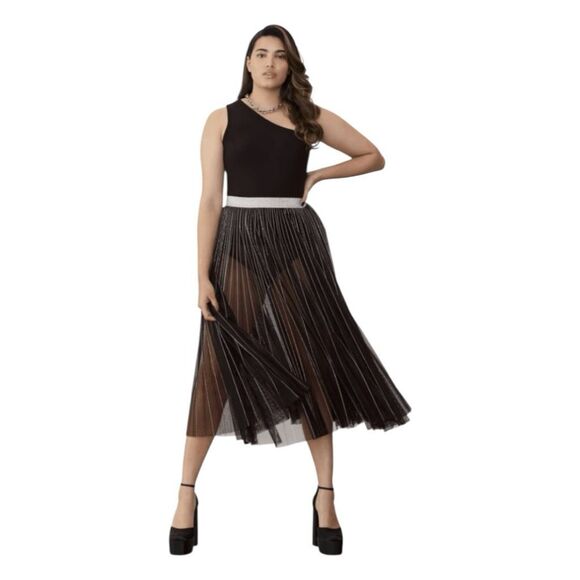 GSTQ Sun Pleated Mesh Pull-On Midi Skirt Black Semi-Sheer M - Picture 5 of 10